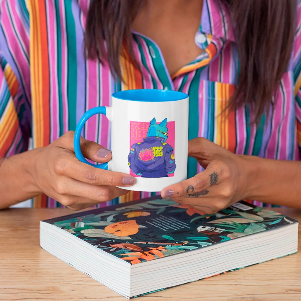 Caneca Cyberpunk Cat Nerd Branca com Alça Azul Clara