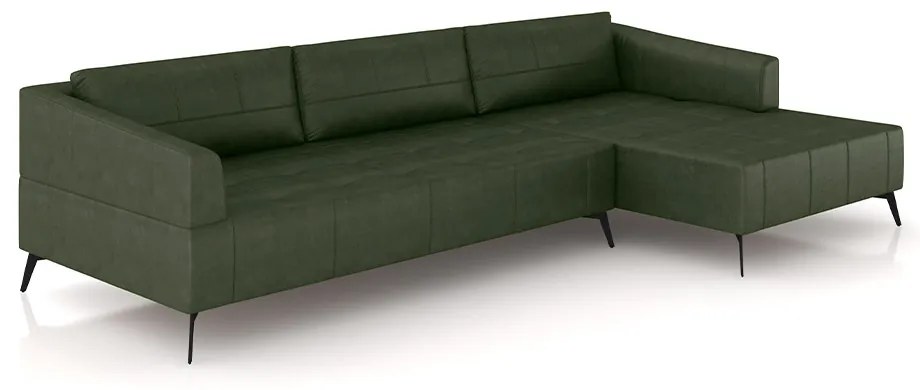 Sofá Bipartido Sala de Estar Kiara 332cm Chaise Direito Pés de Ferro Couro Verde Manchado G52 - Gran Belo