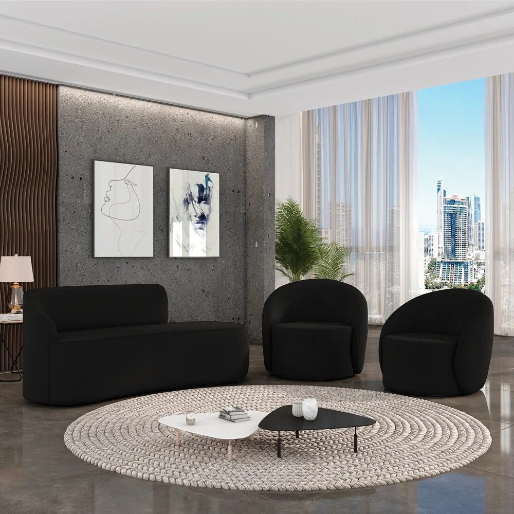 Sofá 2 Lugares Orgânico 140cm Morgan e 2 Poltronas Lua Suede D03 - D'Rossi - Preto