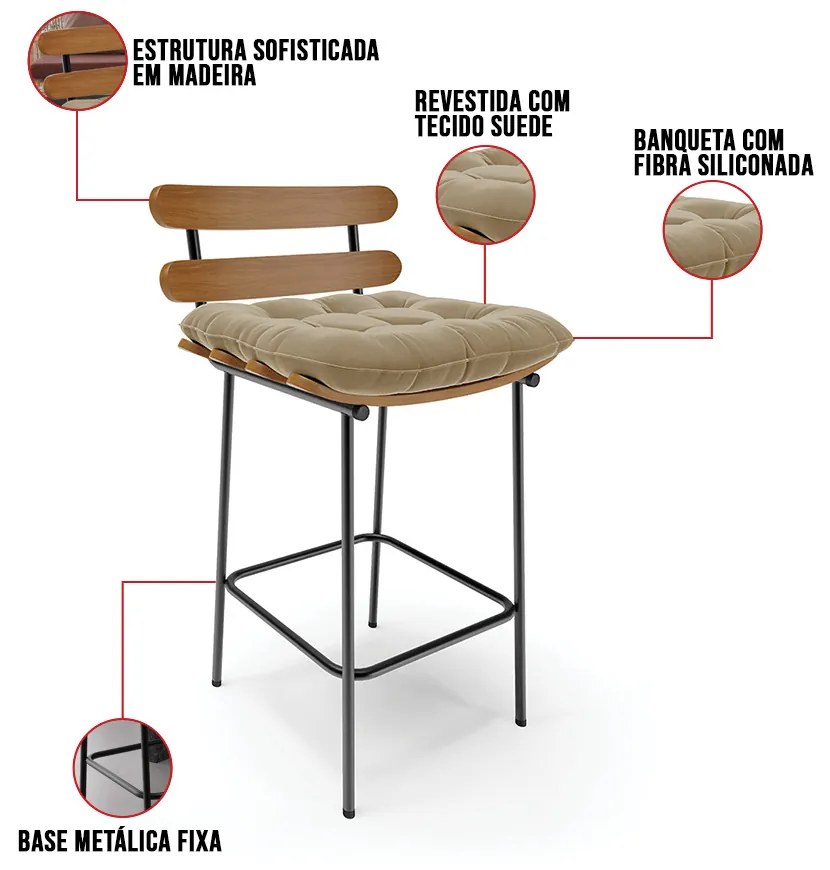 Banqueta Costela Suede Base Metálica Preto M11 - D'Rossi - Marrom Rato