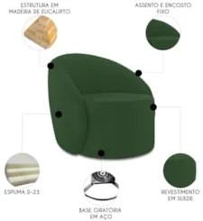Poltrona Sala Giratória Redonda 91cm Steve Suede Verde  I01  - Mpozena