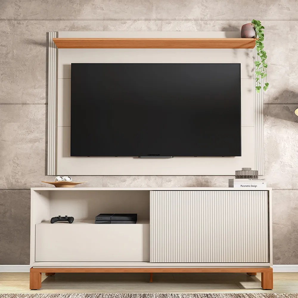 Painel TV 55 Pol 150cm com Rack Bancada para Sala Visari Off White/Freijó C01 - D'Rossi