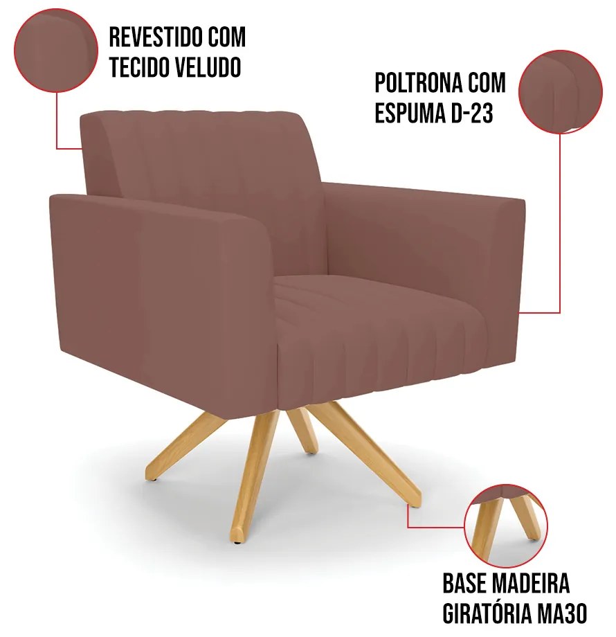 Poltrona Giratória Viena Gomada Veludo Base de Madeira MA30 D03 - D'Rossi - Rose
