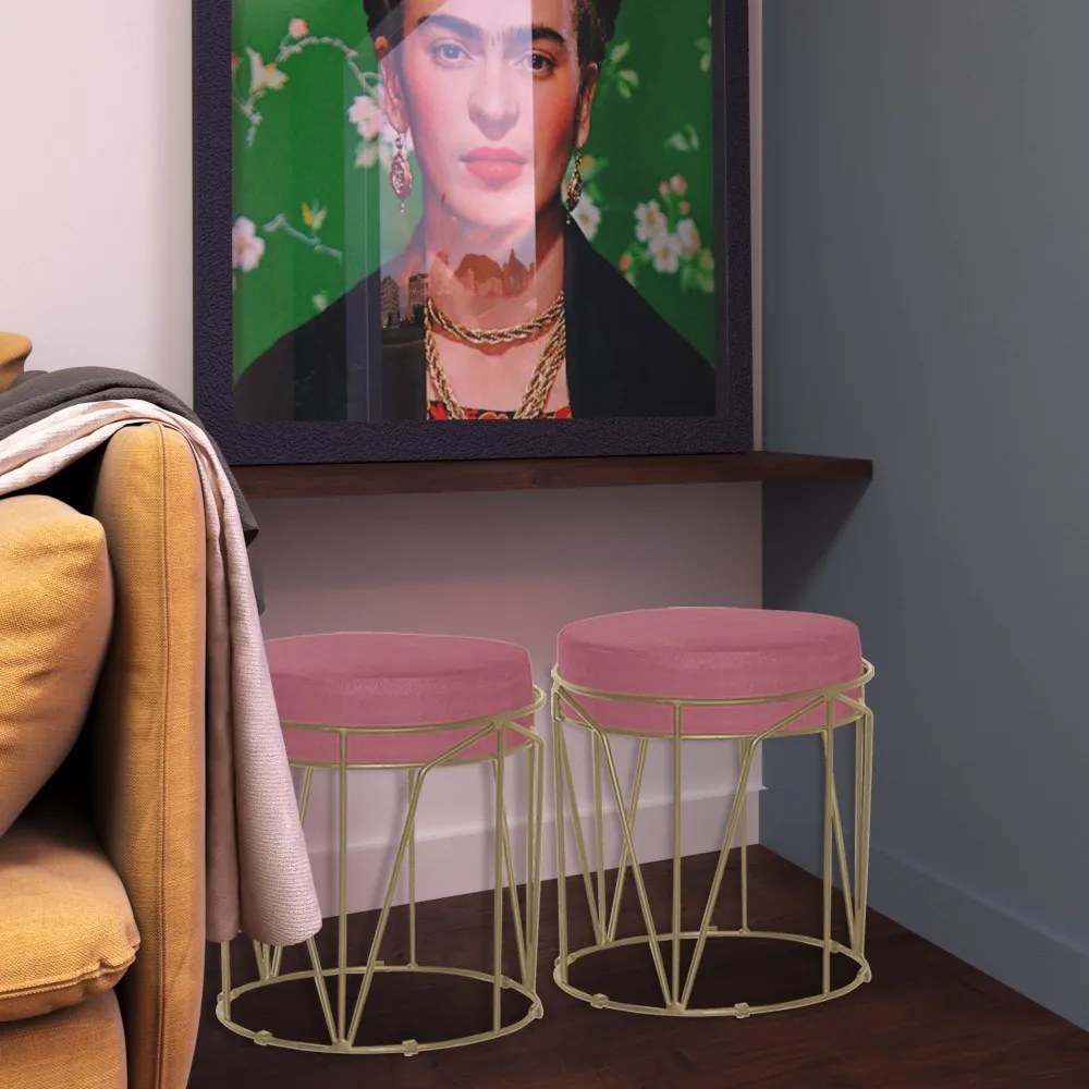 Kit 2 Puffs Decorativo Sala de Estar Base Gold Chloe Suede Rosa G41 - Gran Belo