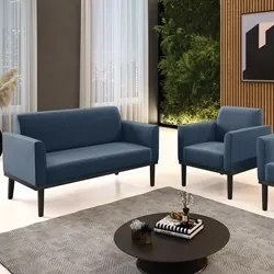 Sofá Namoradeira e 1 Poltrona Base Madeira Preto Maressa Suede Azul Ma