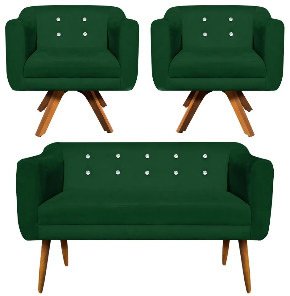 Kit 01 Namoradeira 02 Lugares e 02 Poltronas Giratória Julia Suede Verde com Strass Base Madeira MM30 D'Rossi