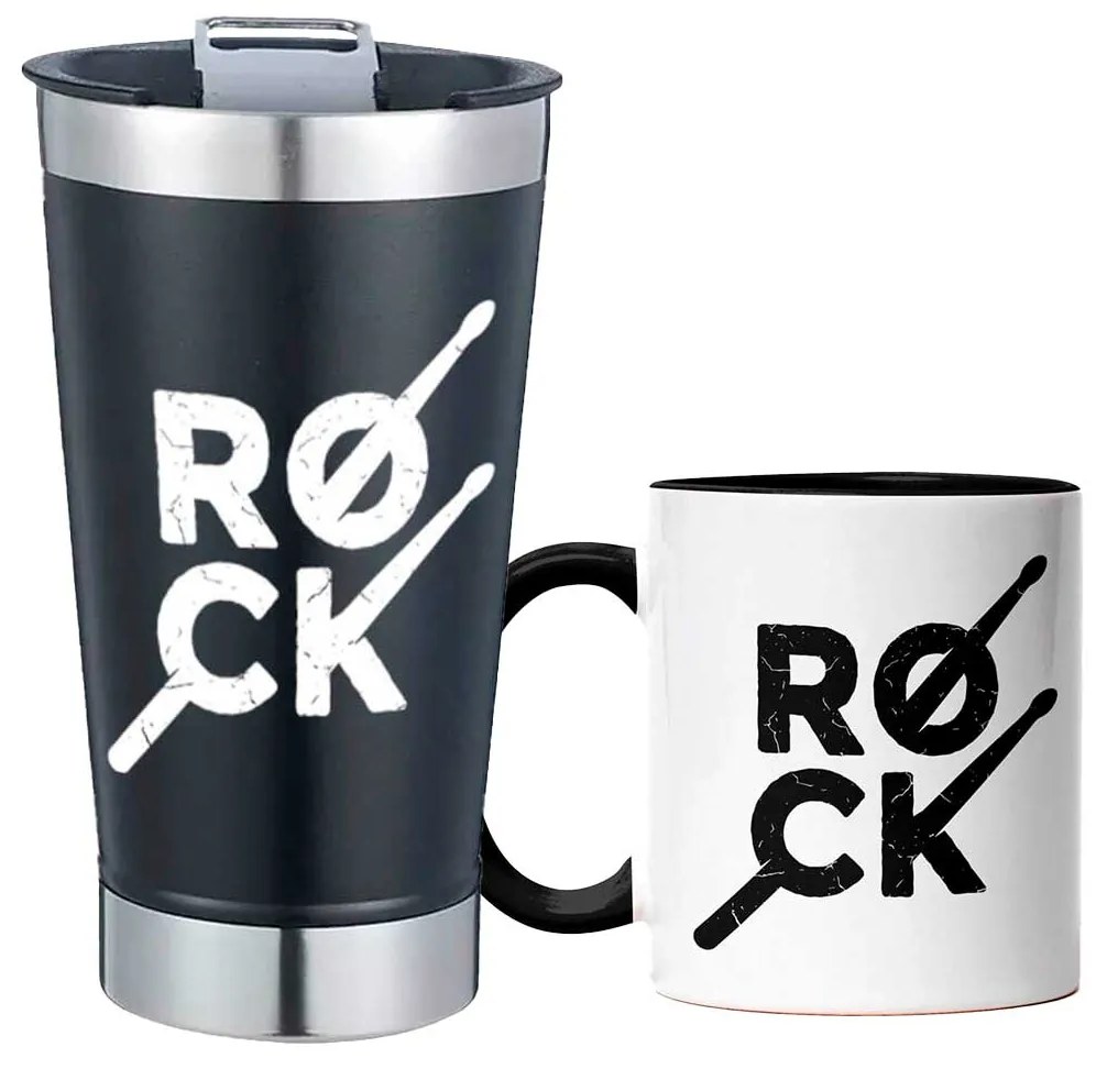 Kit Copo Térmico Com Abridor e Caneca Rock Baquetas Preto
