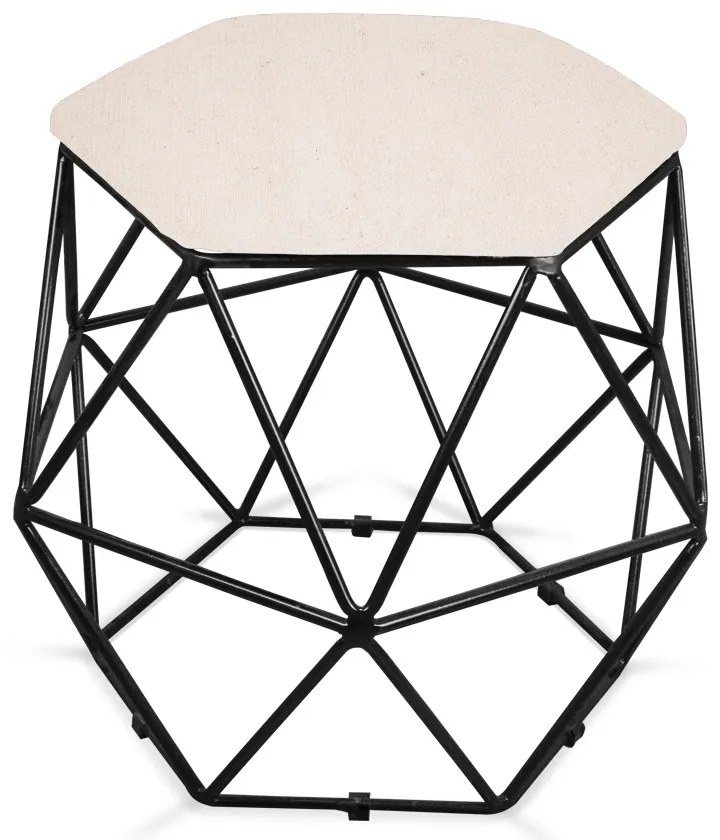 Puff Aramado Hexágono Decorativo Industrial Preto com Linho Areia D03 - D'Rossi