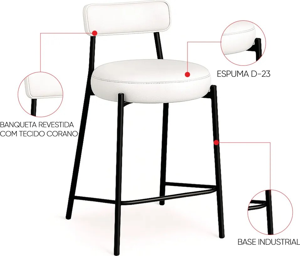 Banqueta Cozinha Alta com Encosto Industrial Preto Kit 4 Londres PU D03 - D'Rossi - Branco