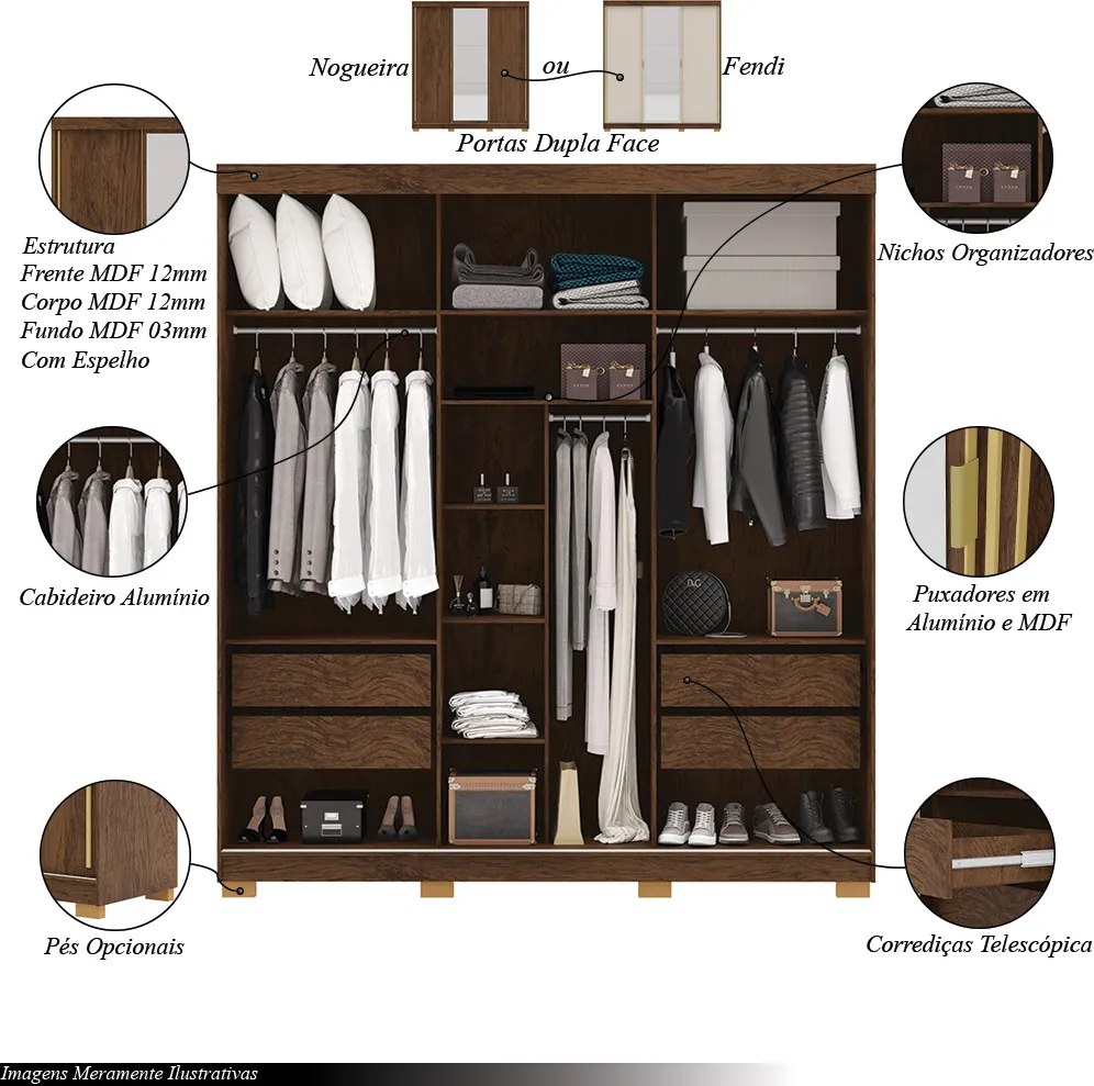 Guarda Roupa Casal Heros 3 Portas de Correr Dupla Face com Espelho MDF Nogueira/Fendi G98 - Gran Belo