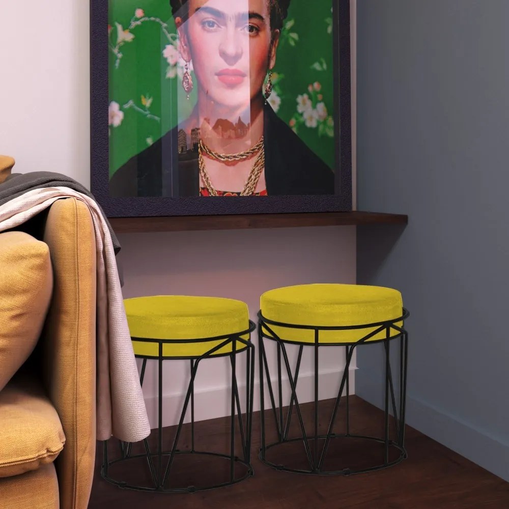 Puff Decorativo Sala de Estar Base Preto Chloe Suede Amarelo G41 - Gran Belo