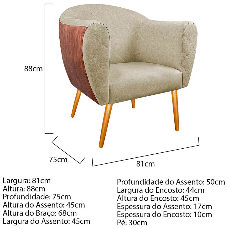 Kit 02 Poltronas Grazi Pés Palito Sintético Nozes Linho - ADJ Decor