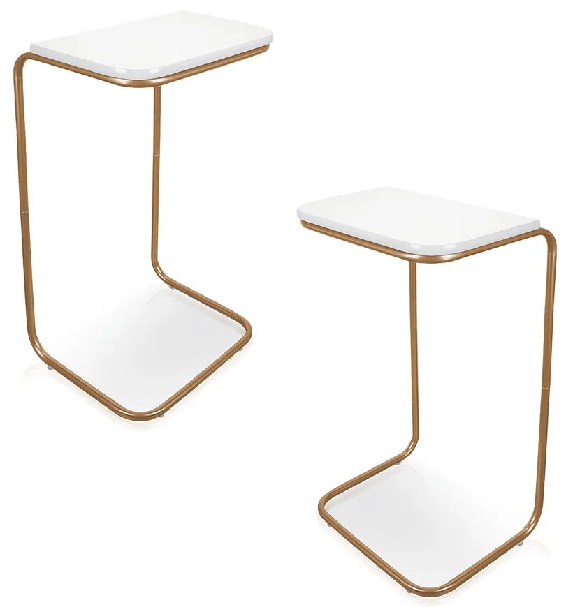 Kit 02 Mesas Lateral Tampo Multiuso Para Sófá Base Dourado 69x38 cm - D'Rossi - Branco