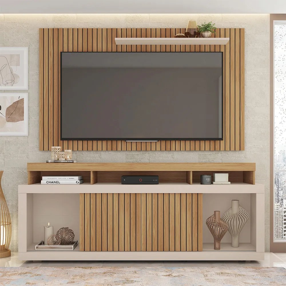 Conjunto Painel e Rack Bancada Toquio 180cm MDP Portas de correr Ripado Buriti/OffWhite G11-Gran Belo