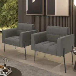 Poltrona Para Sala Pé Metal Preto Kit 2 Ana Suede Grafite - Ibiza