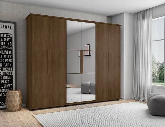 Guarda-Roupa Casal com Espelho 6 Portas 4 Gavetas Canadá Freijó - RV Móveis