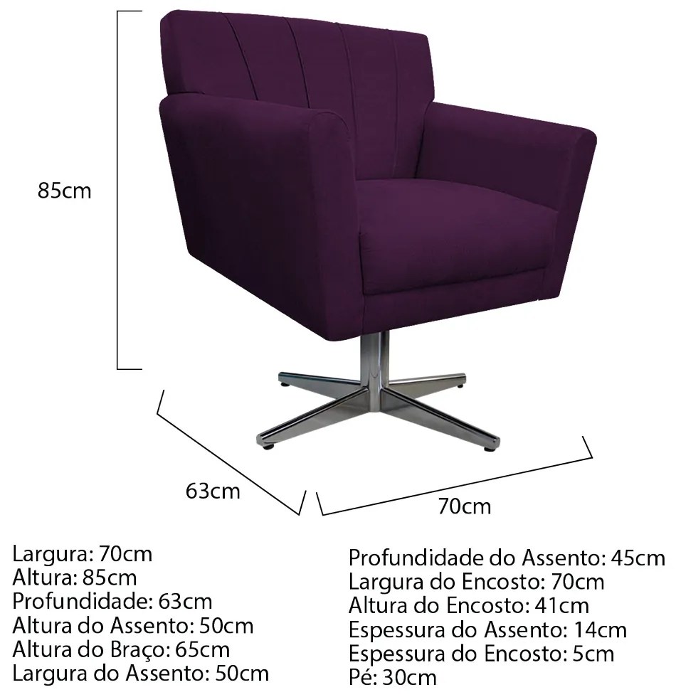 Poltrona Laura Base Giratória de Metal Suede Roxo - ADJ Decor