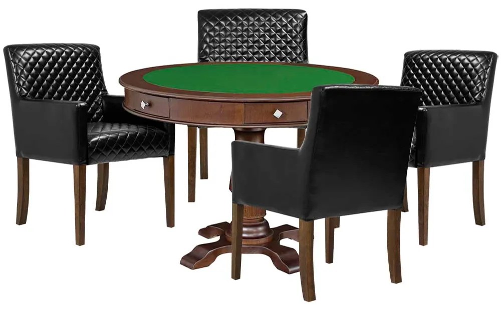 Mesa de Jogos Carteado Victoria Redonda Tampo Reversível Imbuia com Kit 4 Cadeiras Liverpool PU Sintético Preto Matelassê G36 G15 - Gran Belo