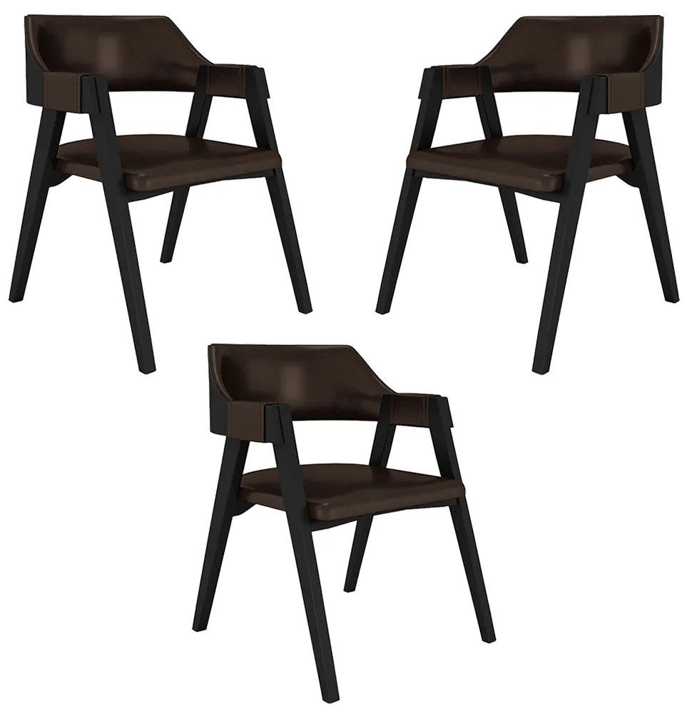 Kit 3 Cadeiras Sala de Jantar e Jogos Carteados Madeira Maciça Poker PU Marrom/Preto G42 - Gran Belo