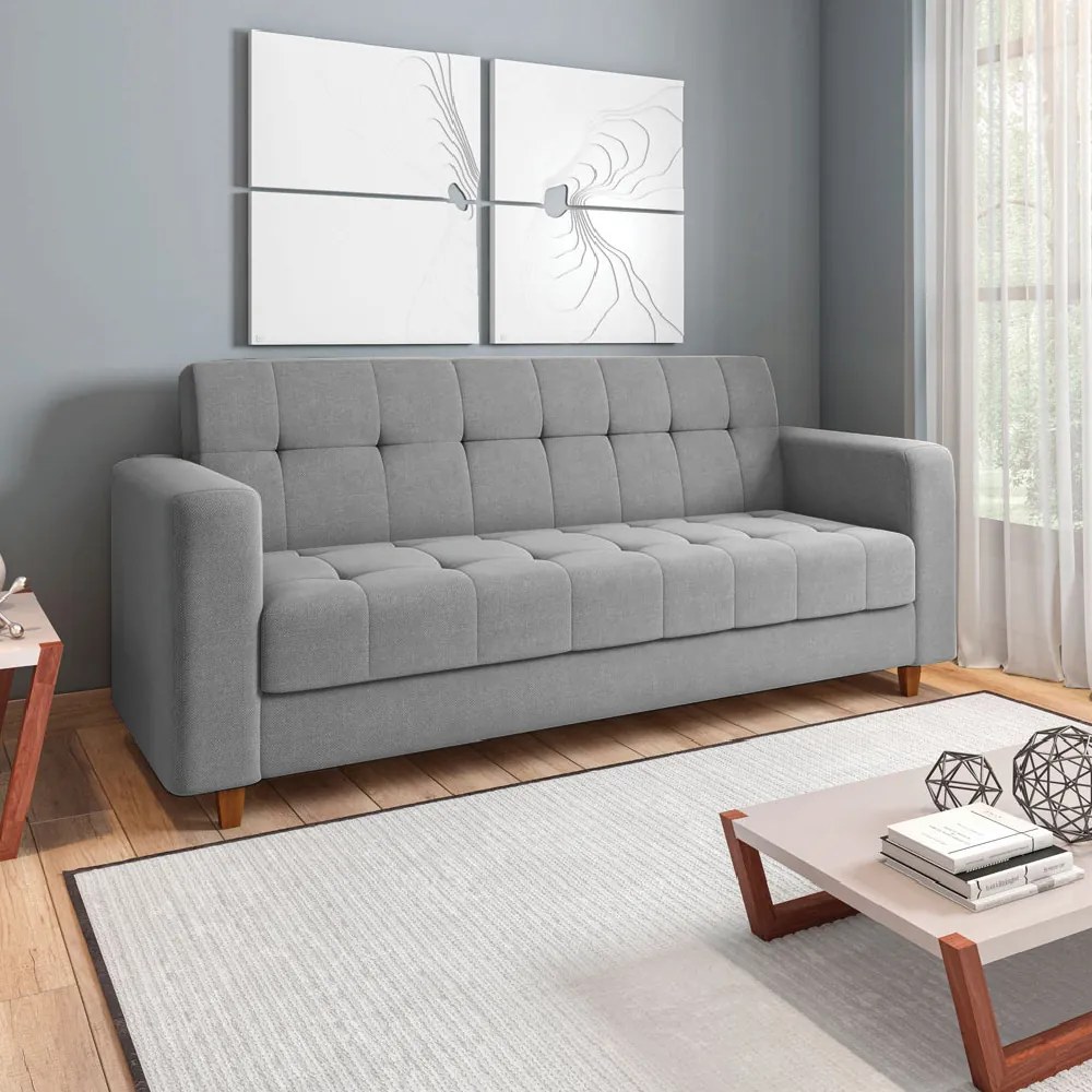 Sofá 2 Lugares e 2 Poltronas Pé Madeira Castanho Arezo Linho D01 - D'Rossi - A26 Grafite