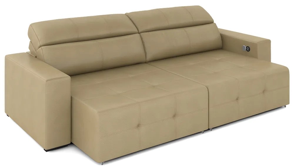 Sofá Retrátil 3 Lugares 244cm 2 Módulos Nero com USB Couro Bege G52 - Gran Belo