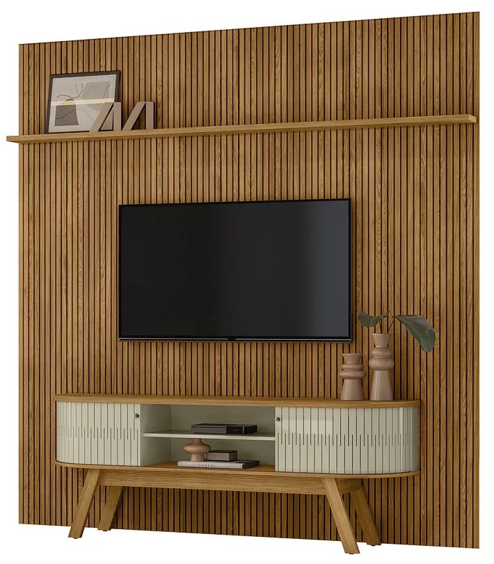 Conjunto Painel com Bancada Greene 2 Portas Deslizantes MDP até 75 Cumaru/Opala G97 - Gran Belo