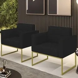 Poltrona Base Industrial Dourado Kit 2 Ana Linho Preto - Ibiza