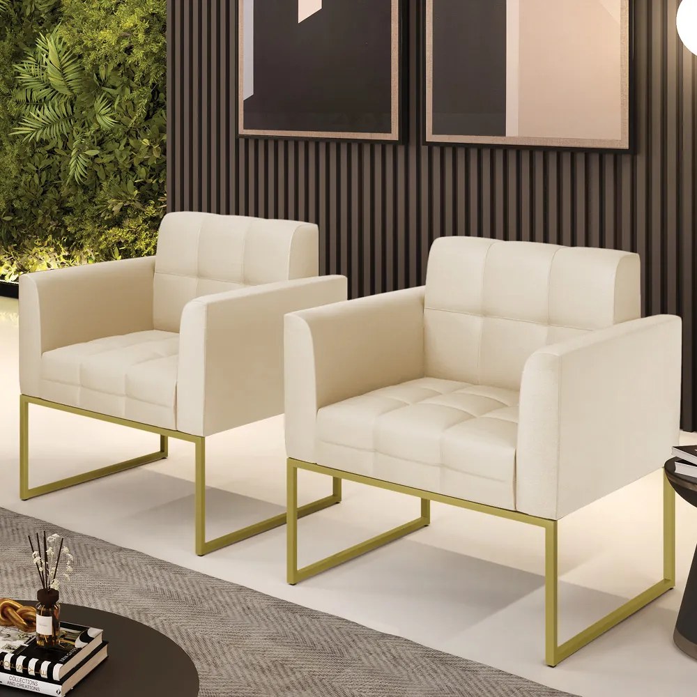 Poltrona Sala Decorativa Kit 2 Elisa Industrial Dourado Sintético Bege D03 - D'Rossi