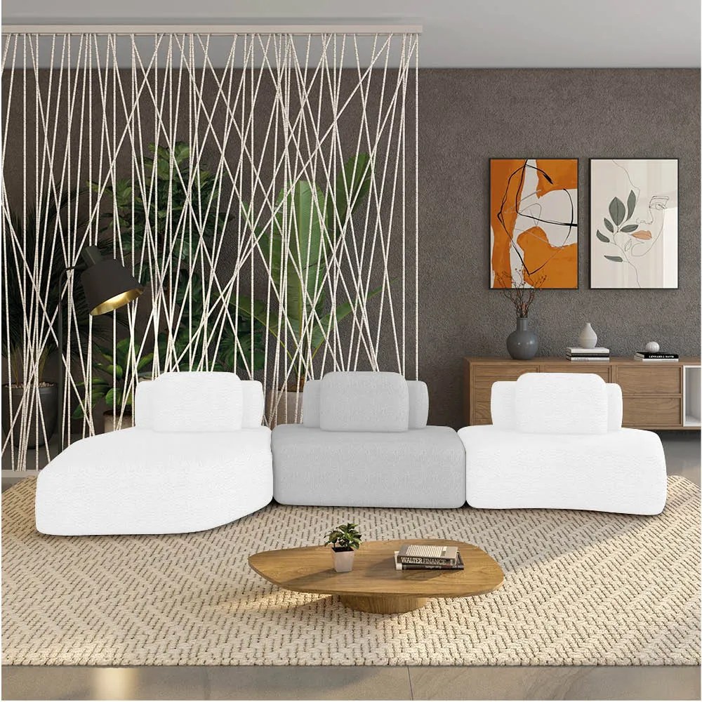 Sofá 3 Lugares Orgânico com Chaise e 2 Módulos Berlim Bouclê Off K01 - D'Rossi - Off White/Cinza Claro