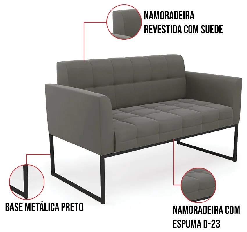 Kit 1 Sofá Namoradeira e 2 Poltronas Elisa Suede Grafite Base Metálica Industrial Preto D03 - D'Rossi