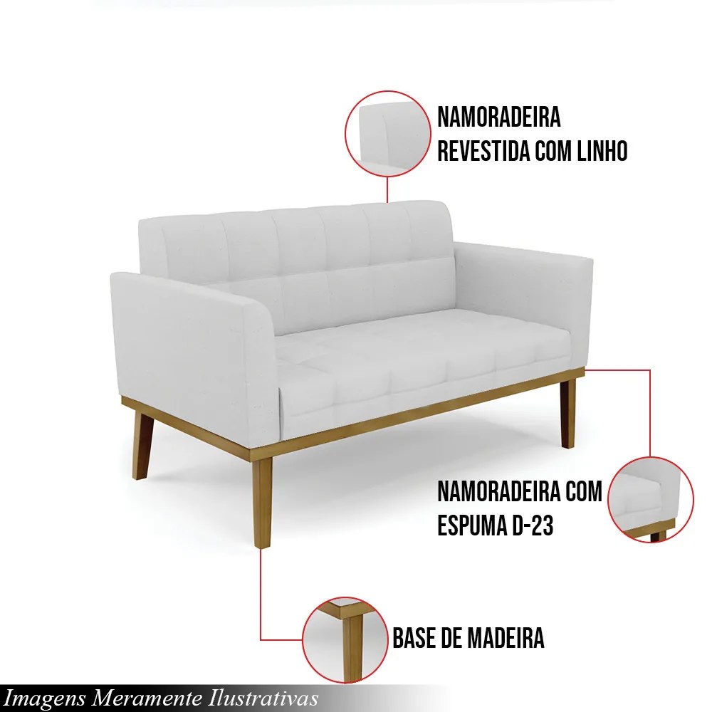 Poltrona Namoradeira Decorativa Karen Pés Fixo em Madeira Castanho Linho Cinza G19 - Gran Belo