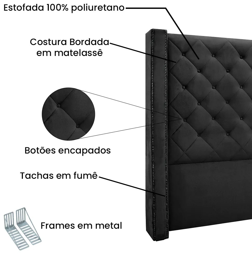 Cabeceira Cama Box Casal 140cm e Recamier Vicenza Veludo S04 - D'Rossi - Preto