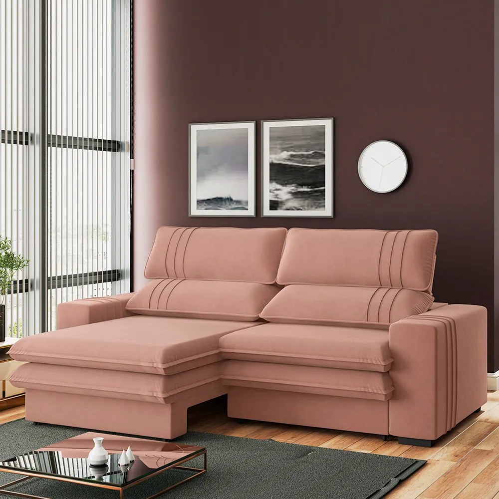 Sofá 2 Lugares Retrátil Noruega 230 cm Veludo Pés Tabaco - D'Rossi - Rose