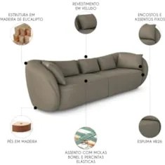 Sofá 3 Lugares 232cm Orgânico Pé Madeira Yume Veludo Marrom Z55 - Mpoz