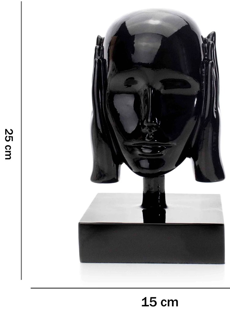 Escultura Máscara Rosto Surdo Em Cerâmica Preto 25x15 Cm - D'Rossi