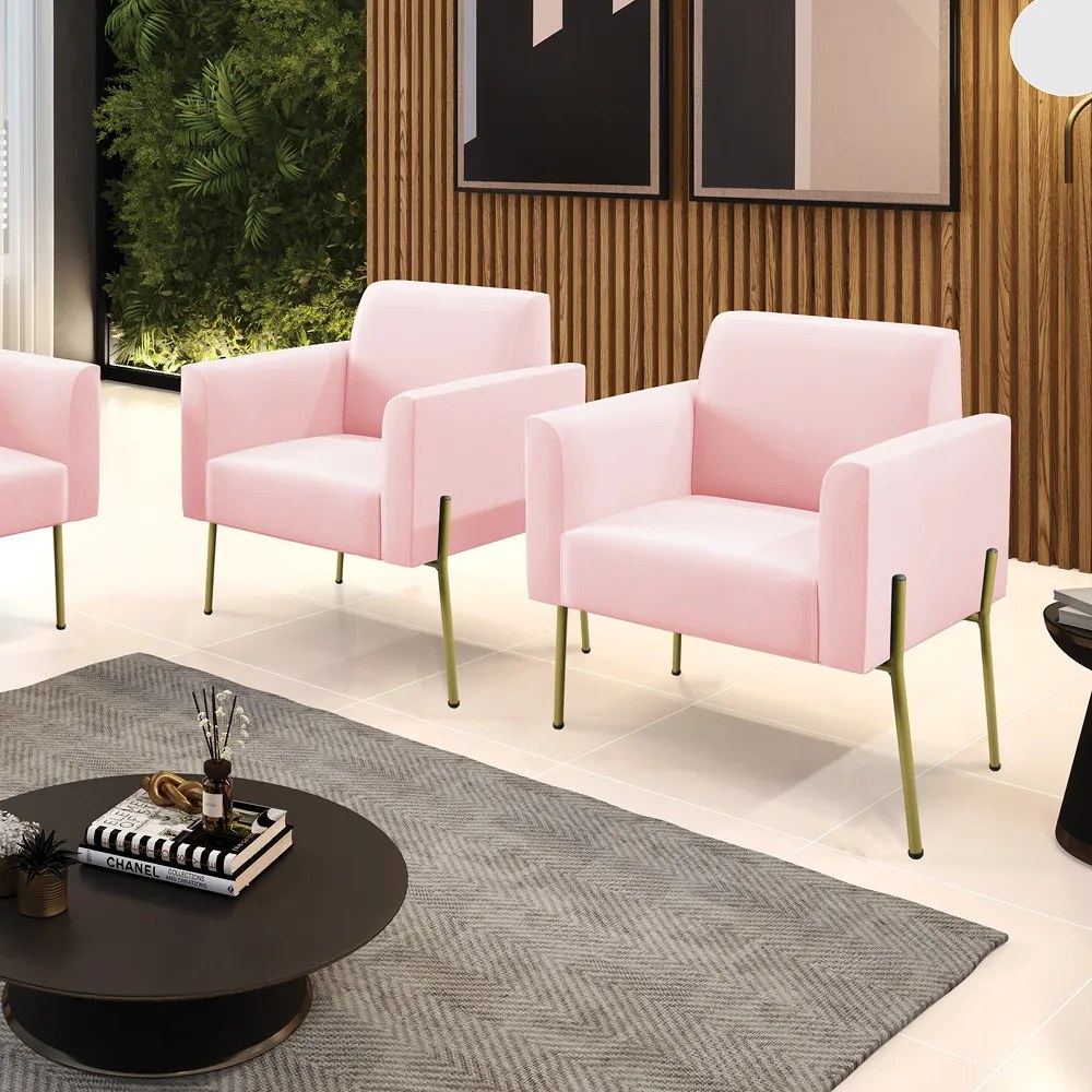 Poltrona Pé de Ferro Dourado Decorativa Kit 2 Marisa Suede D03 - D'Rossi - Rosa Bebê