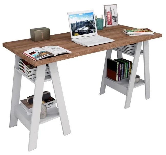 Mesa Mesinha Escrivaninha Cavalete Industrial Castanho Branco