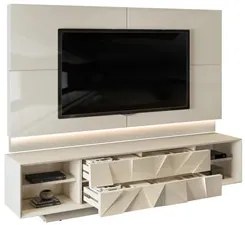 Rack Bancada com Painel TV até 75 Pol. Gavetas 3D Pirâmide Colone Crem