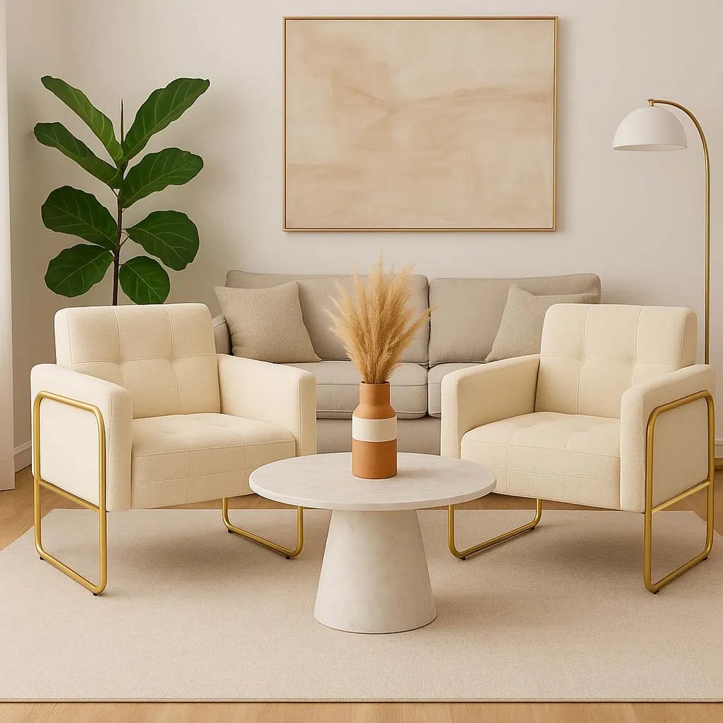 Poltrona Sala Industrial Alta Tubo Dourado kit 2 Elisa Bouclê D03 - D'Rossi - Bege