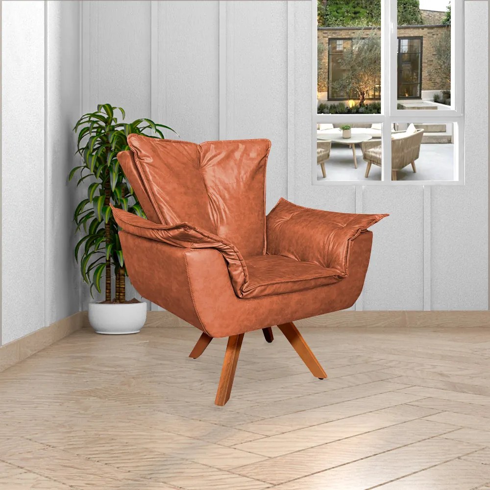Kit 2 Poltronas Decorativas Base Giratória em Madeira Charger PU Marrom G19 - Gran Belo