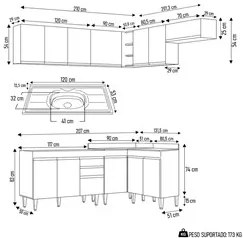 Armário de Cozinha Modulado de Canto 7 Peças CP21 com Pia Inox Castanh
