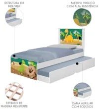 Cama Solteiro Infantil Com Auxiliar 188x88cm Dinossauro K06 - Mpozenat