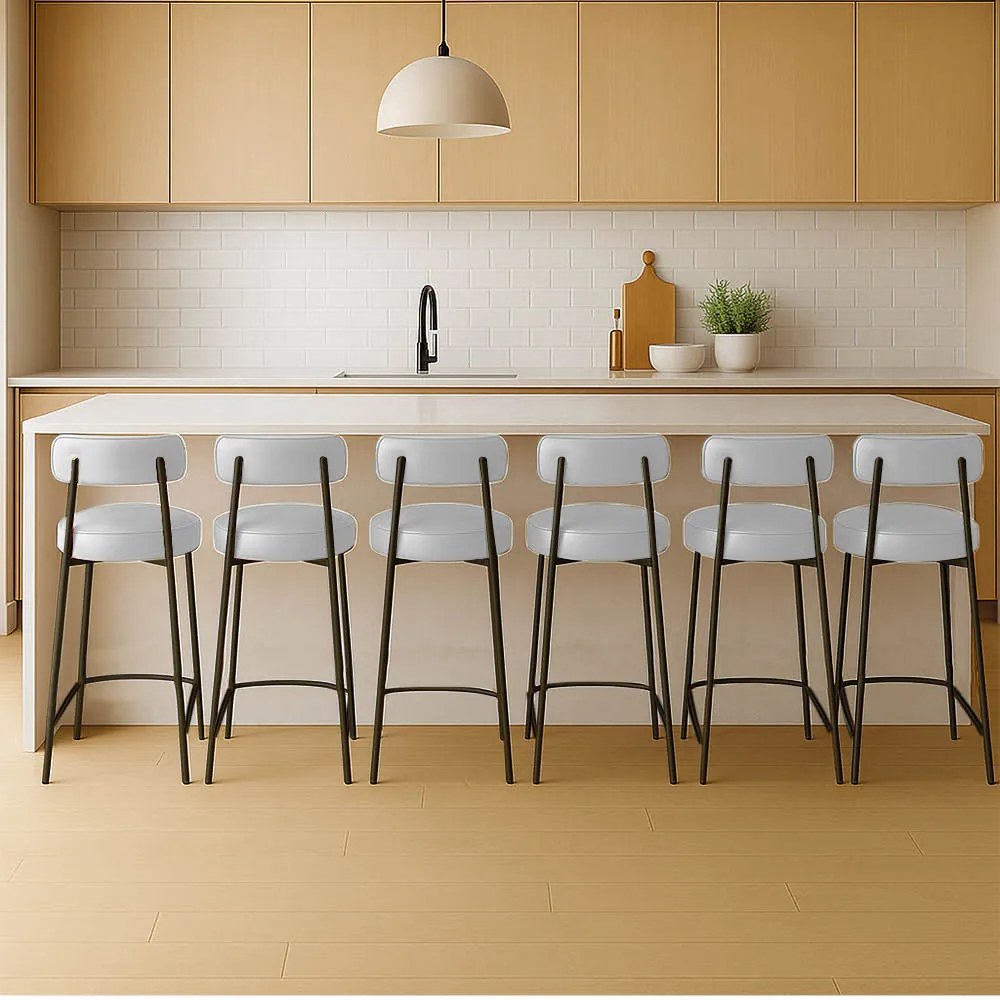 Banqueta Cozinha Alta com Encosto Industrial Preto Kit 6 Londres PU D03 - D'Rossi - Branco