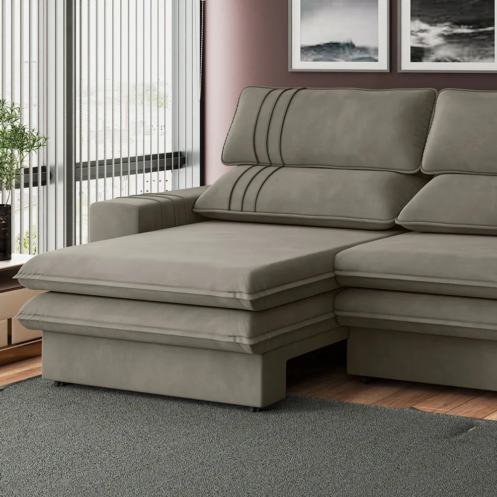 Sofá 2 Lugares Retrátil Noruega 230 cm Veludo Pés Tabaco - D'Rossi - Cappuccino
