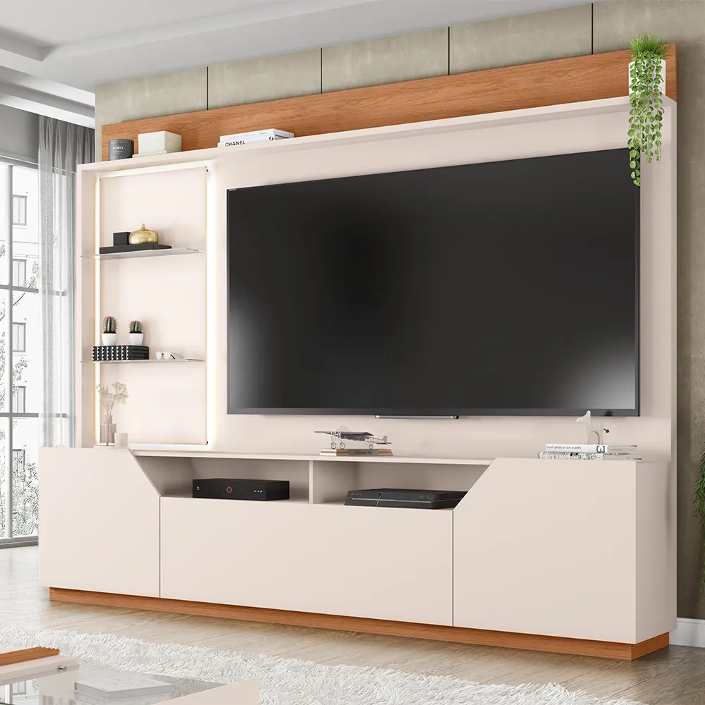 Estante TV 65 Pol 240cm Sala de Estar Samanta C01 - D'Rossi - Off White/Freijó