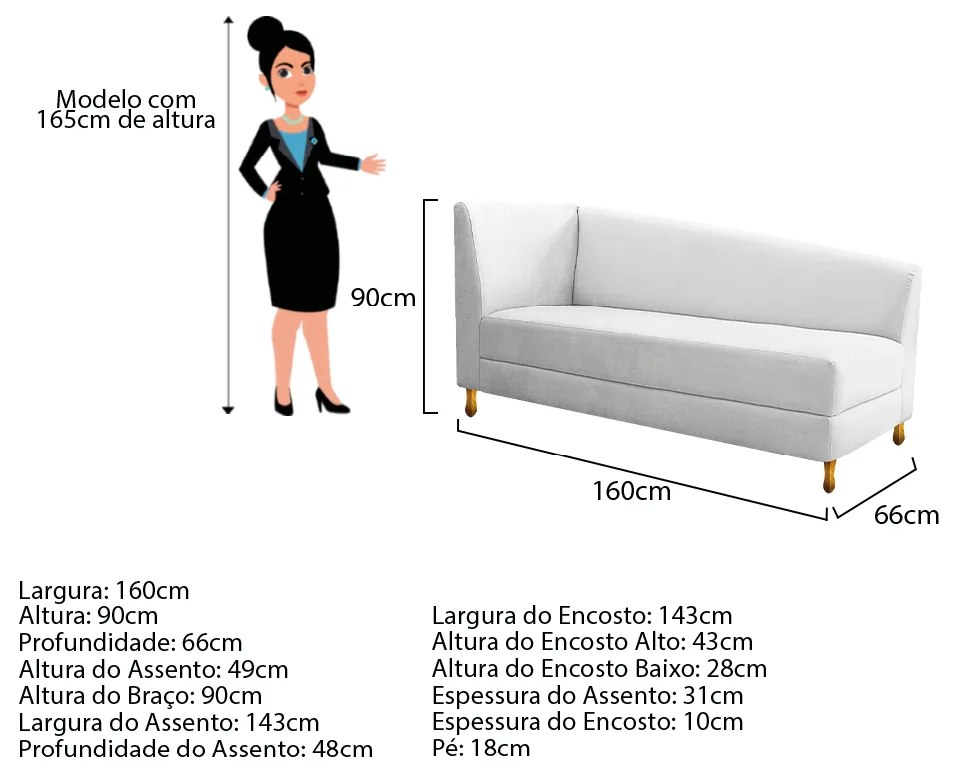 Recamier Valéria 160cm Lado Direito Suede Branco - ADJ Decor