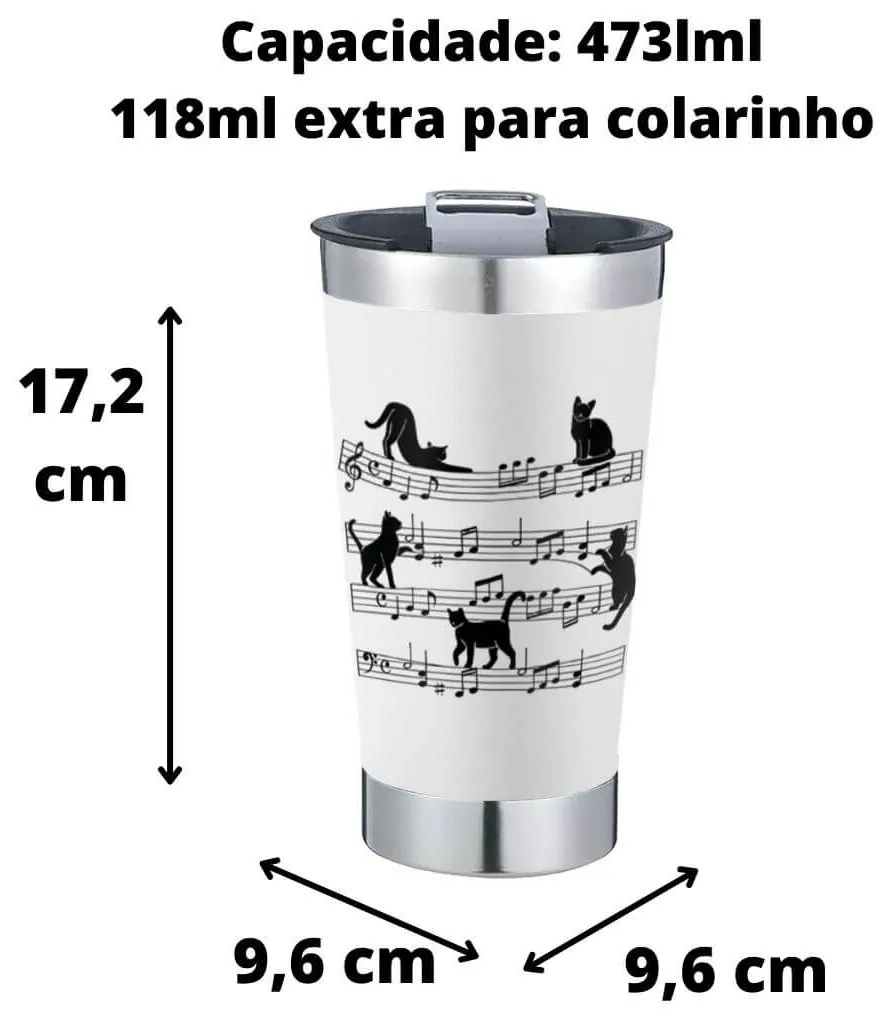 Copo Térmico Gato Musical Branco Com Tampa e Abridor Chopp