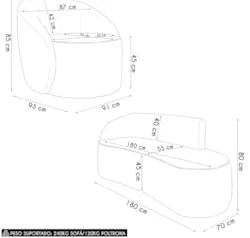 Sofá 3 Lugares 180cm Wendi e Poltrona Steve Linho Grafite I01 - Mpoze