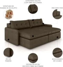 Sofá Retrátil 3 Lugares Para Sala 204cm Elios Couro Castanho Z55 - Mpo