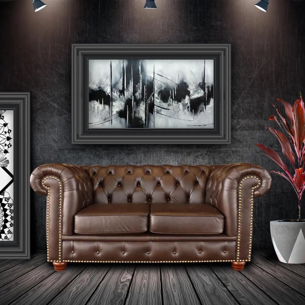 Sofá 2 Lugares Sala de Estar Chesterfield Pés Madeira Couro Tabaco Brilho G40 - Gran Belo